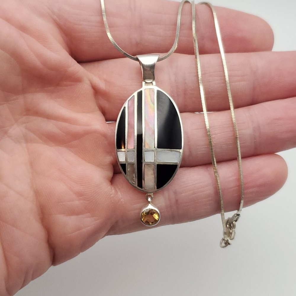 22 Inch 925 Sterling Silver Onyx Shell And Citrine Unique Pendant Necklace
